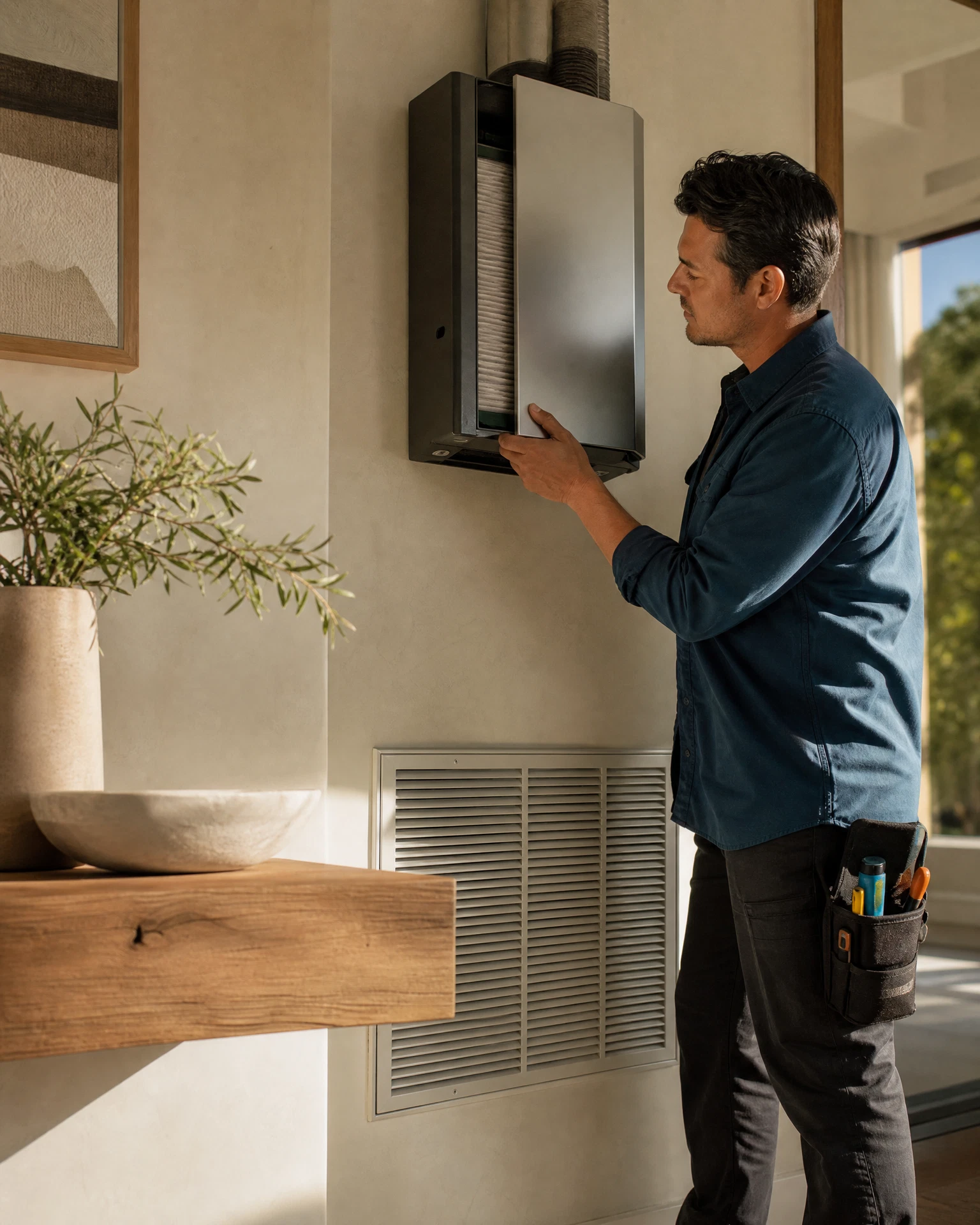 HVAC technician examining a whole-home air quality system
