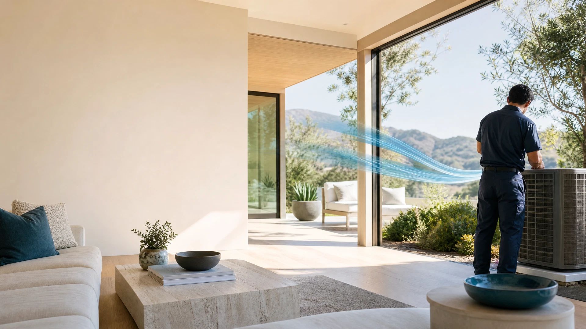 A California home with an HVAC technician beside outdoor equipment