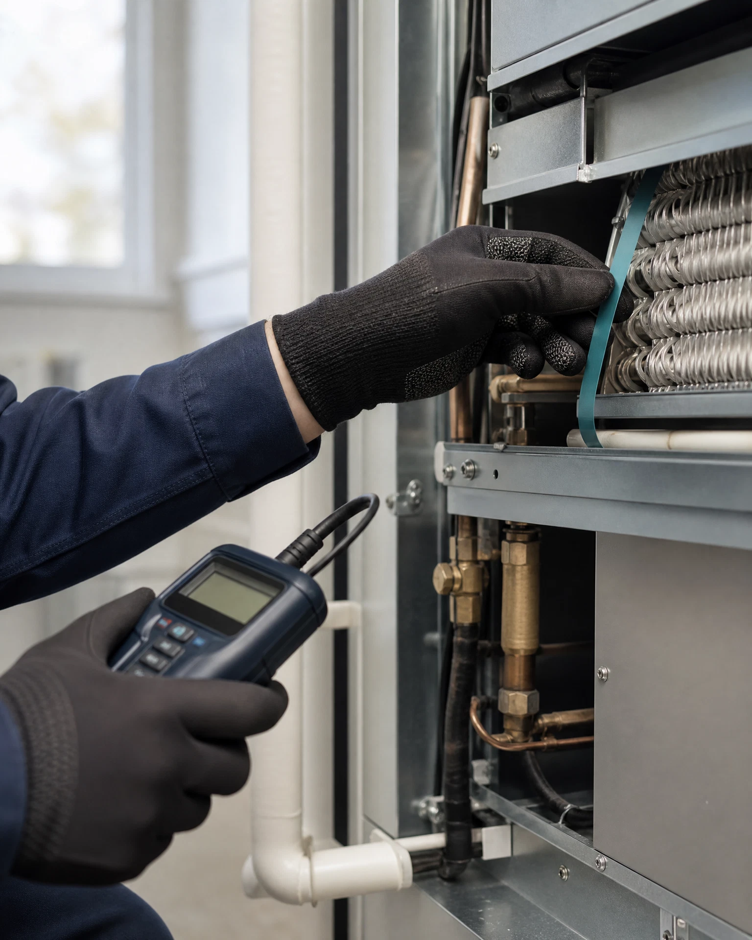 A technician inspecting residential HVAC equipment
