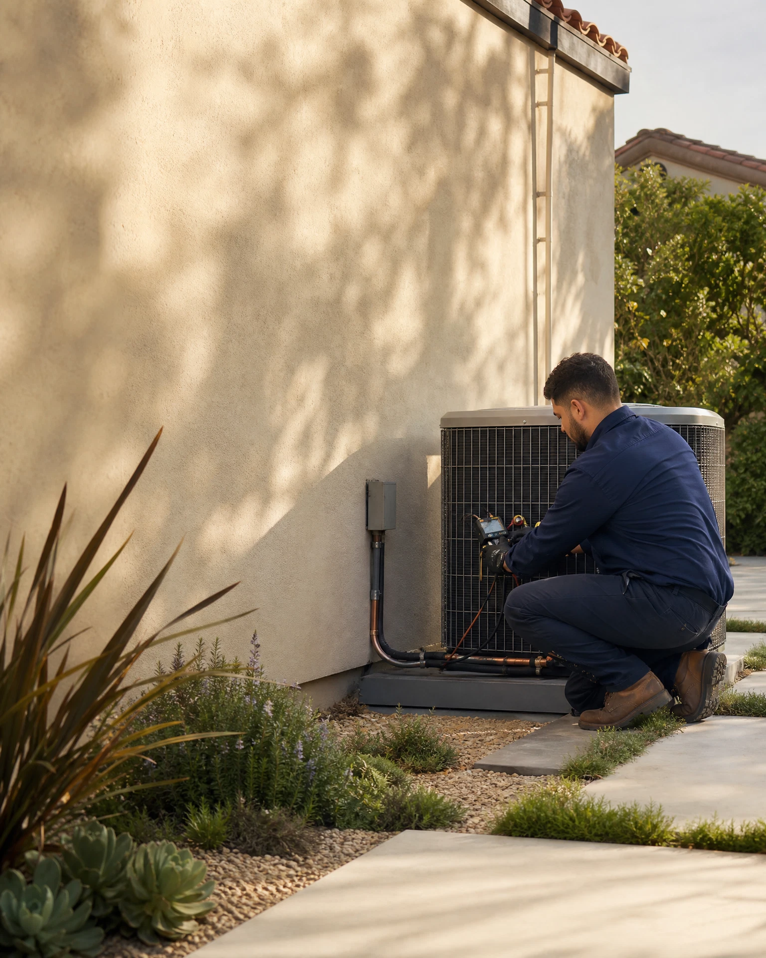 HVAC installer commissioning a new residential condenser beside a Southern California home